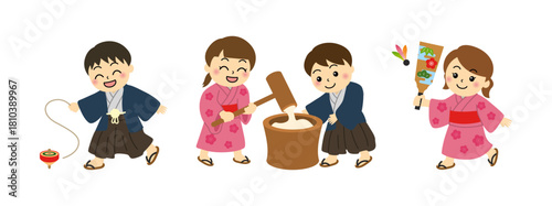 お正月の遊びや餅つきをする和装の子どもたちのかわいいベクターイラスト