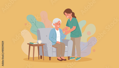 Friendly nurse assisting senior woman at home emphasizing care and support