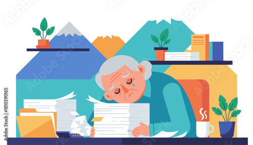 Stressed senior worker crying over stacks of office documents and heavy workload