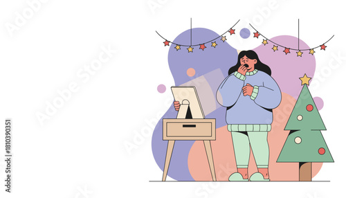 Yawning woman using tablet by Christmas tree Cozy home holiday fatigue illustration
