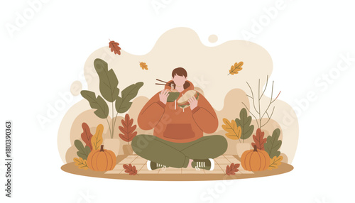 Cozy autumn picnic Person eats noodles and a sandwich amidst fall leaves and pumpkins