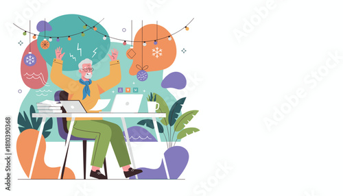 Stressed senior man working on laptop amidst holiday decorations work from home anxiety
