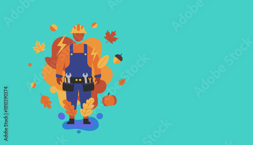 Tradesman illustration wearing hardhat and tool belt surrounded by autumn leaves and pumpkin on teal background