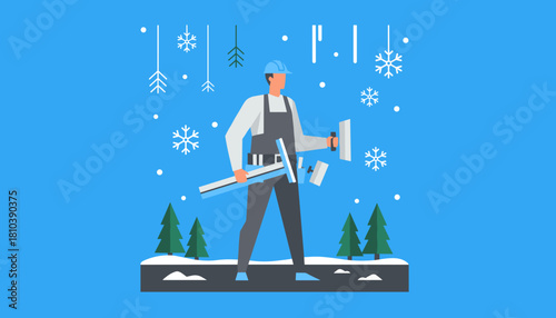 Construction worker holding tools in snowy winter landscape Seasonal building maintenance