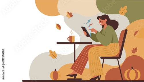 Angry woman stressed by technology issues on her tablet during autumn coffee break
