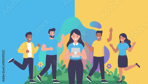 A diverse group of happy young people interacting outdoors with a tablet Team success