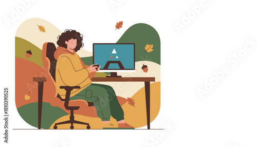 Casual gamer playing console games at a desk in cozy fall colors