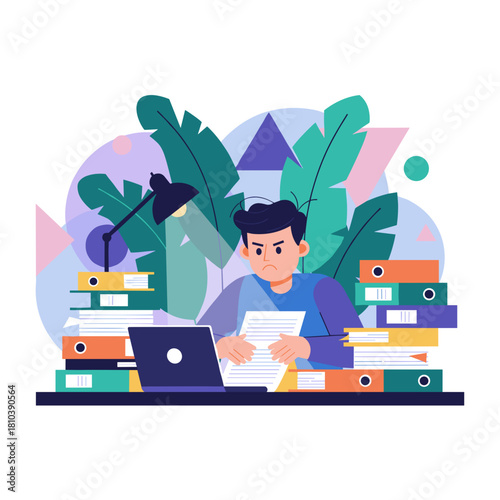 Angry employee overwhelmed by administrative bureaucracy and paperwork