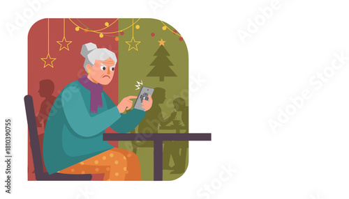 Frustrated elderly woman dealing with mobile technology issues in a festive setting