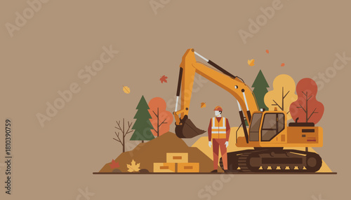 Excavator and worker at construction site during autumn development Vector illustration