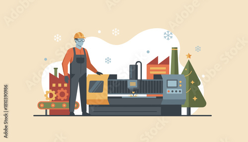Worker operates CNC machine in a Christmas factory setting Industrial holiday production vector