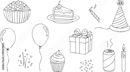 Set of hand drawn birthday party elements including cake slice, cupcake, balloon, gift, candle, and confetti isolated on white background