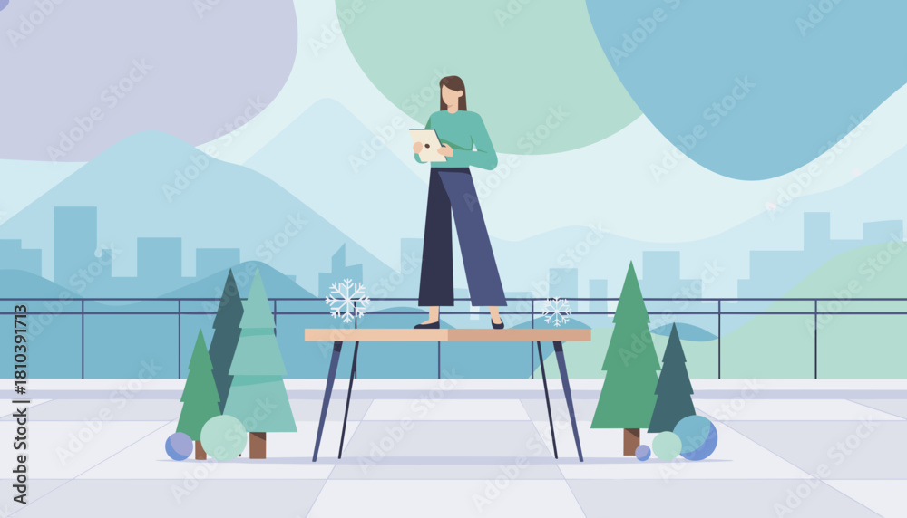 Obraz premium Professional woman uses tablet on rooftop with city view and stylized winter dcor Modern lifestyle concept