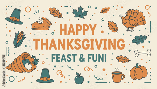 Happy Thanksgiving Feast  Fun Vintage style banner illustration with autumn harvest symbols