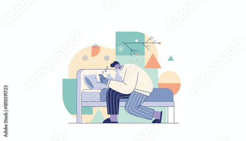 Sleepy person checks phone in bed during winter Distraction morning routine or seasonal blues