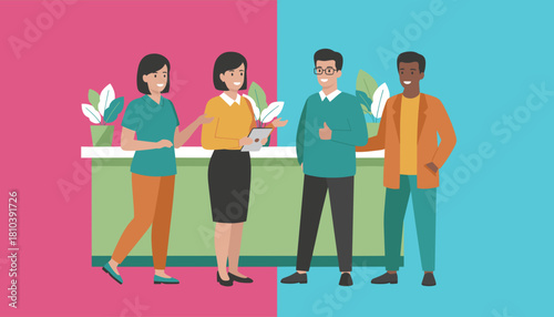 Diverse business team collaborating happily at an office desk Success and support concept