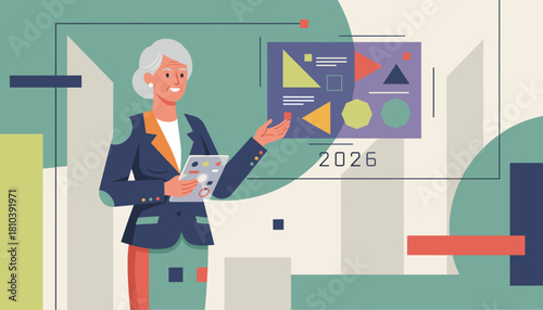 Senior business leader presents the 2026 strategy plan using modern digital tools