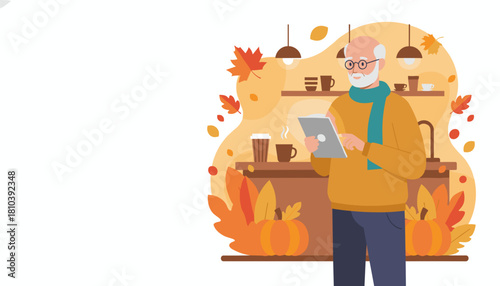 Senior man using a tablet in a cozy autumn cafe illustration surrounded by leaves and hot coffee