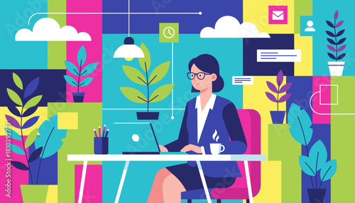 Businesswoman working remotely on a laptop in a vibrant productivityfocused flat design office