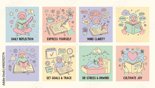 Journaling and selfcare doodle set reflection goals expression clarity joy and relaxation concepts