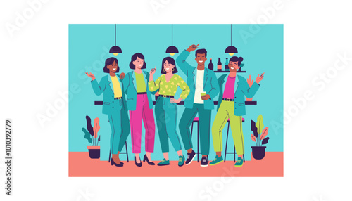 Diverse team of professionals socializing and networking at a bar or casual event