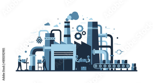 Flat vector illustration of an industrial factory production line with workers machinery and logistics