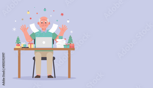 Overwhelmed senior employee stressed by paperwork during the busy holiday season