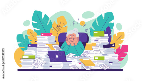 Stressed senior woman overwhelmed by immense paperwork and deadline pressure suffering from work burnout