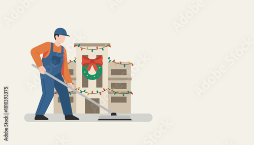 Cleaner sweeping near festive building during winter holidays