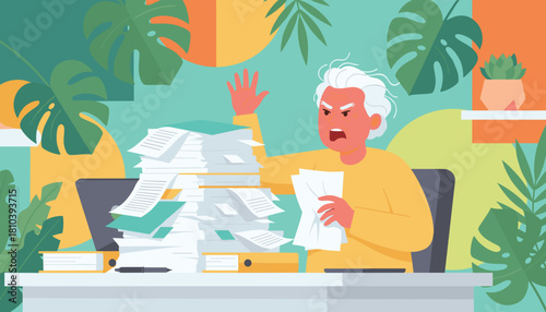 Angry senior overwhelmed by a huge pile of work and documents representing stress and office burnout
