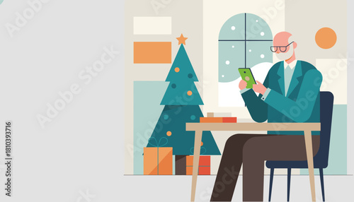 Senior man uses phone by Christmas tree cozy winter holiday communication and technology