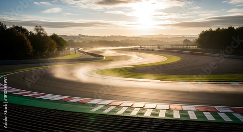 Beautiful Race Track on Foggy Morning Winding Through Green Hills and Trees at Sunrise Dramatic Lighting and Mist Adding Atmospheric Touch to Motor Racing Venue Landscape
