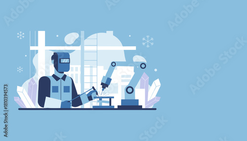 Industrial welder works alongside a robotic arm in modern blue factory production