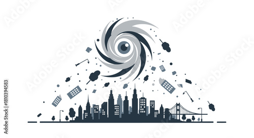Stylized city silhouette under the threat of a swirling vortex creating chaos and ruin