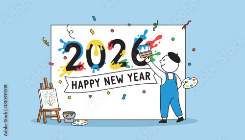 Artist painting Happy New Year 2026 with colorful paint splashes Creative holiday greeting illustration