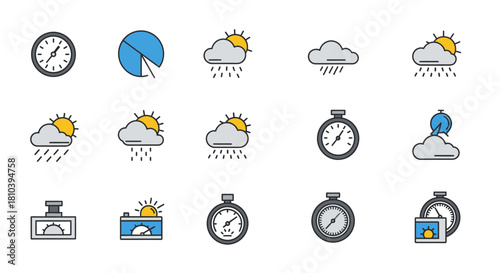Collection of minimalistic weather and time icon set, designed with a focus on clean and modern