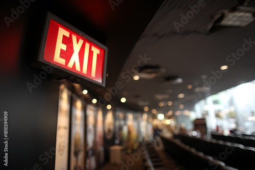 Find the nearest emergency exit with glowing red sign in a theater or event space, safety first for evacuation plans and fire escape routes during public gatherings