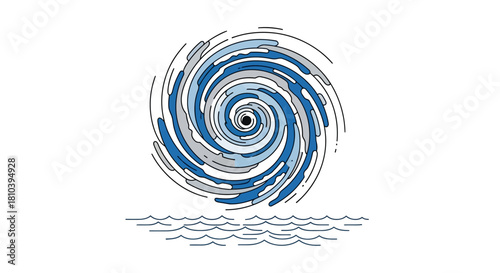 Stylized swirling vortex with water waves illustration depicting intense weather events warning
