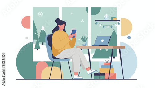 Woman uses smartphone at her cozy desk in a winter home office with gifts blending work and holidays