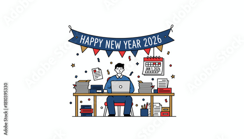 Worker starting 2026 busy at desk New Year banner calendar and confetti illustration