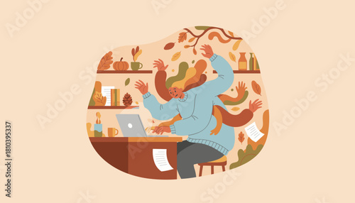 Multitasking stress Person with many arms working furiously on laptop in an autumn home office illustration