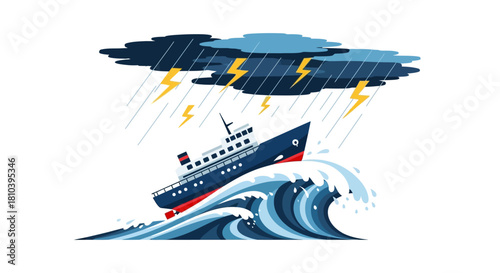 Cartoon ship navigating tempestuous ocean waters under a stormy, lightning-filled sky