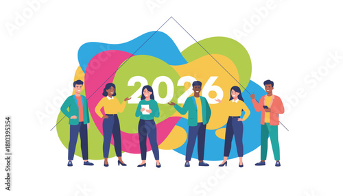 Diverse team planning and celebrating the future year 2026 Business goals and success concept