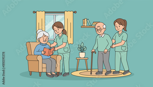 Caring nurses help seniors with reading and walking support in an assisted living facility