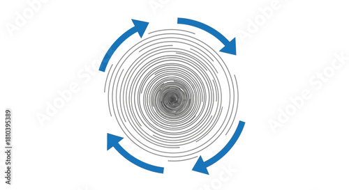 Abstract cyclical motion representation with concentric lines and blue direction arrows