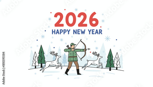 Happy New Year 2026 Hunter with bow targets deer in snowy winter forest illustration