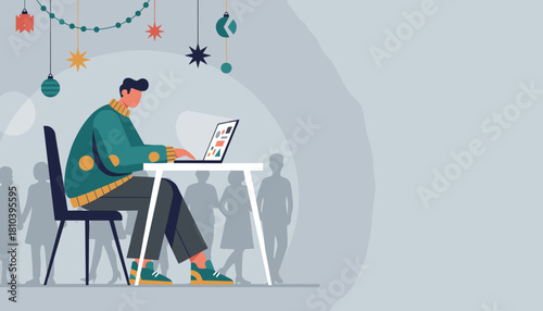 Man working on laptop in festive setting remote work during holidays or freelance business concept