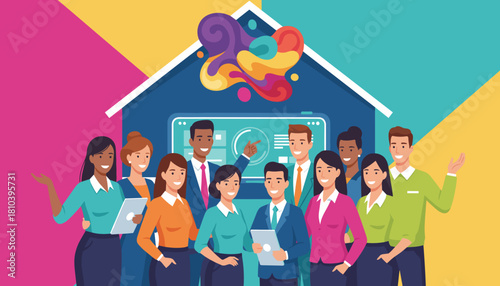 Diverse team collaborating on data and innovation under a symbolic roof Corporate spirit