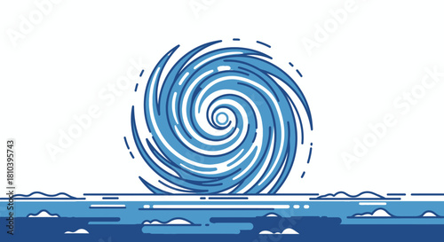 Stylized cyclone illustration over ocean, conveying weather phenomena with artistic flair using