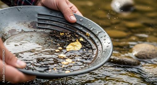 Gold panning exploration in river finding precious metal placer deposits with equipment showing prospecting process mining resource wealth discovery adventure